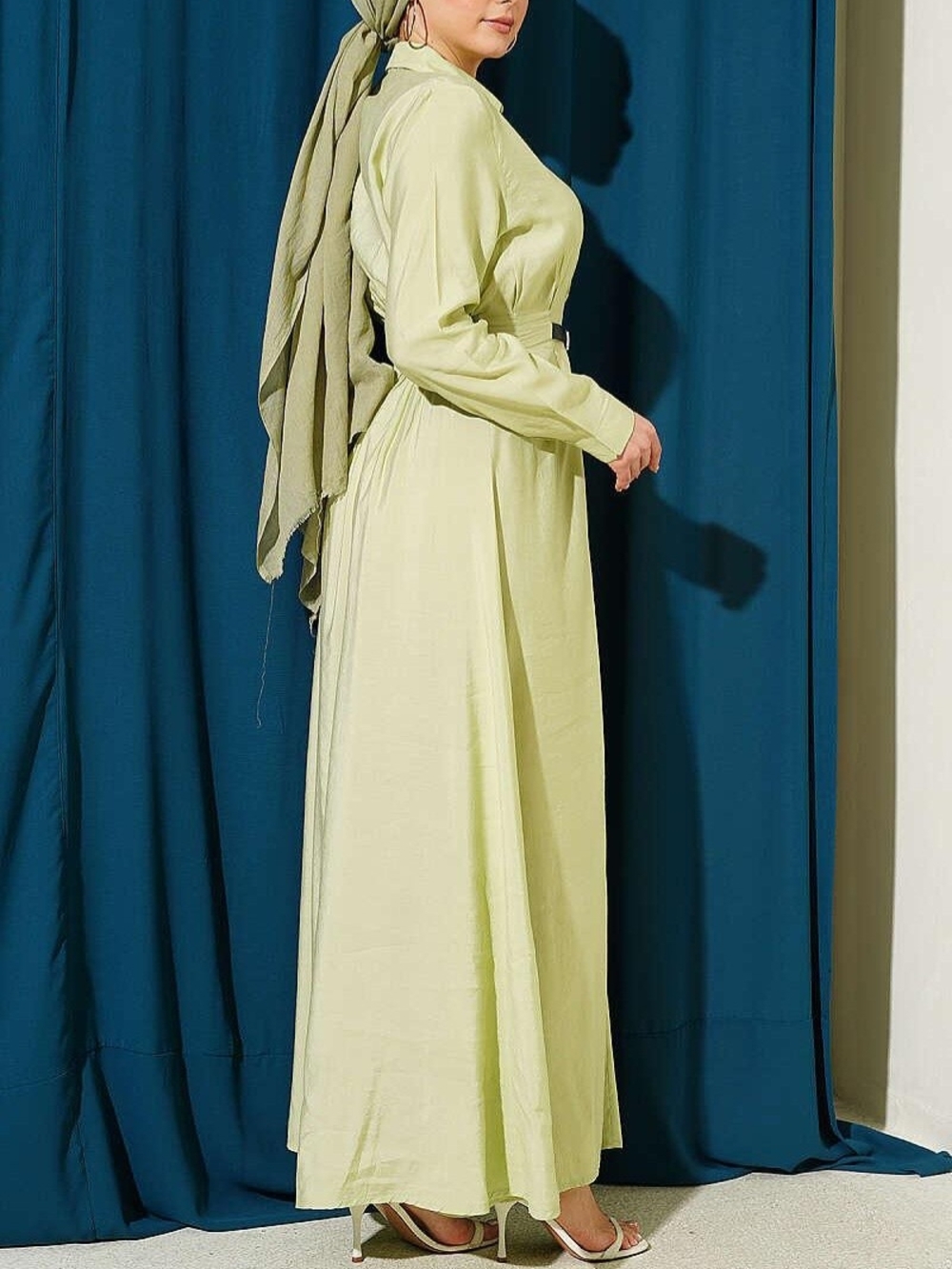Modest Dress- Button-Down Belted Maxi Dress Pistachio Size M - Picture 3 of 7